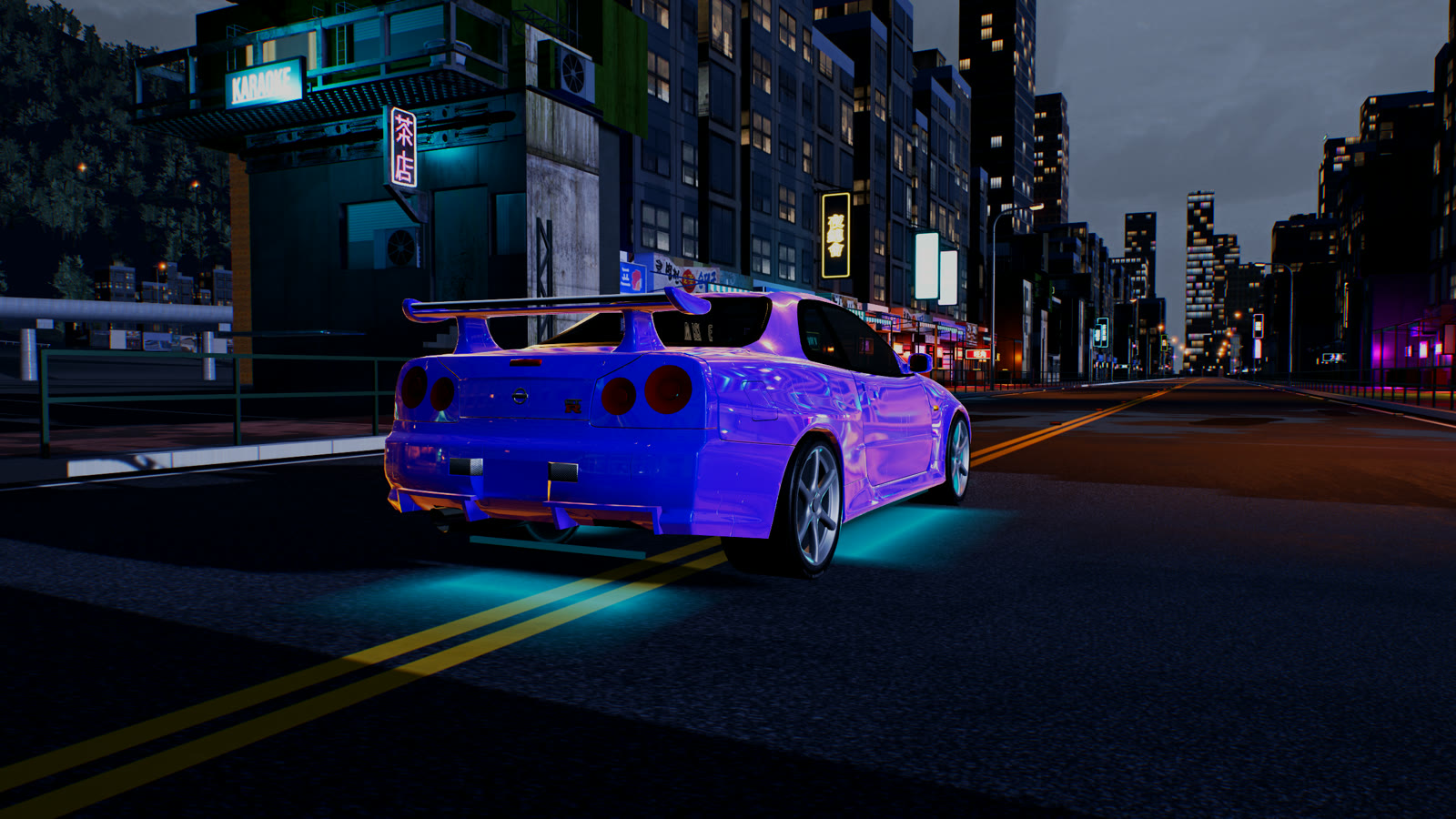 A purple R34 GT-R seen from behind on a neon-lit street in Kowloon at night